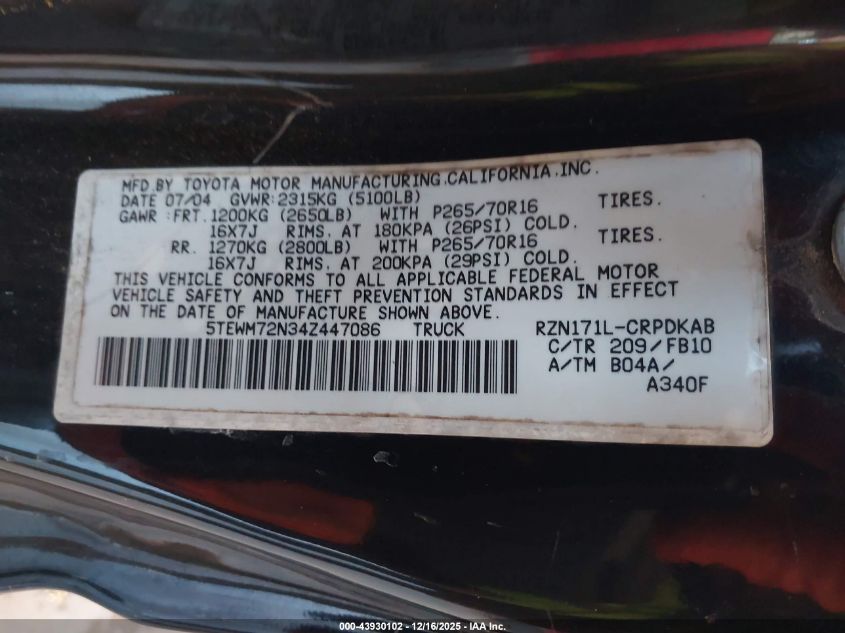 2004 Toyota Tacoma VIN: 5TEWM72N34Z447086 Lot: 43930102