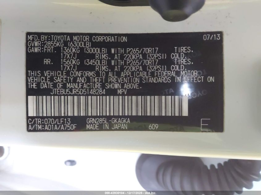 2013 Toyota 4Runner Sr5 VIN: JTEBU5JR5D5148284 Lot: 43930104