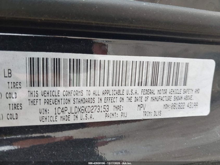 2019 Jeep Cherokee Limited Fwd VIN: 1C4PJLDX6KD273153 Lot: 43930106