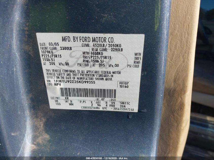 2005 Ford Escape Xls VIN: 1FMYU92Z35KD99355 Lot: 43930108