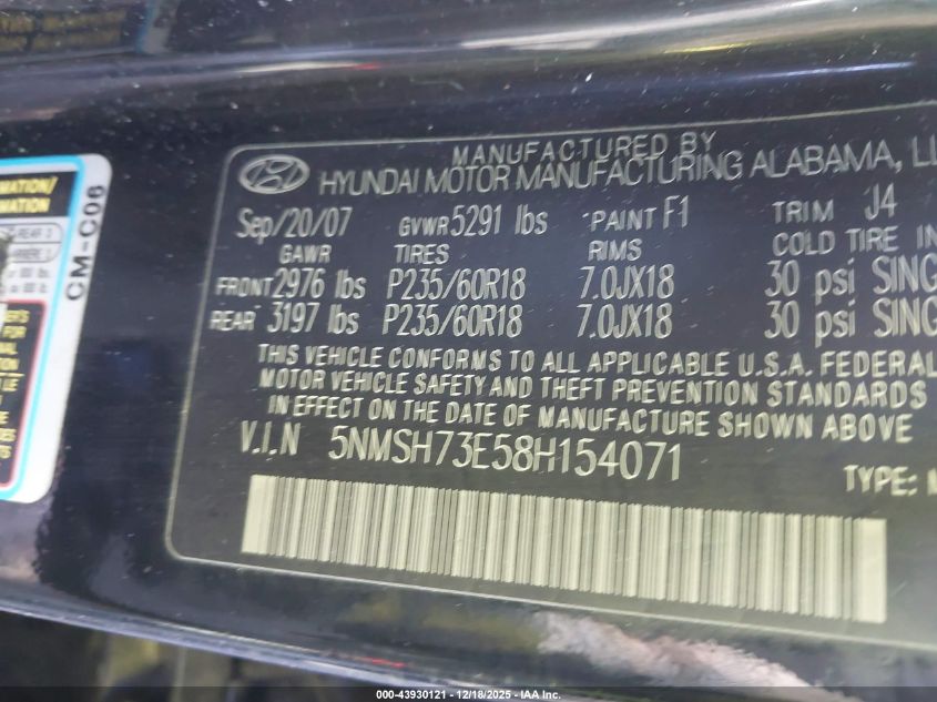 2008 Hyundai Santa Fe Limited/Se VIN: 5NMSH73E58H154071 Lot: 43930121