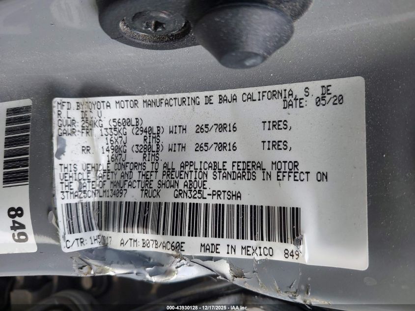 2020 Toyota Tacoma Trd Off-Road VIN: 3TMAZ5CN7LM134097 Lot: 43930128