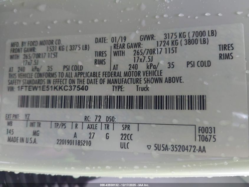 2019 Ford F-150 Xlt VIN: 1FTEW1E51KKC37540 Lot: 43930132