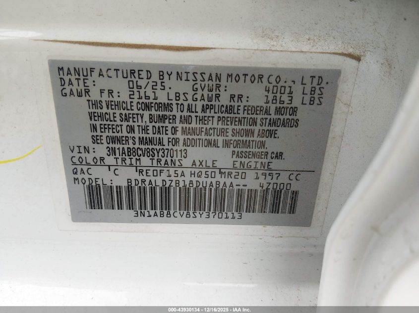 2025 Nissan Sentra Sv VIN: 3N1AB8CV8SY370113 Lot: 43930134