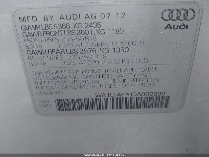 2013 Audi Q5 2.0T Premium VIN: WA1LFAFP0DA002699 Lot: 43930140