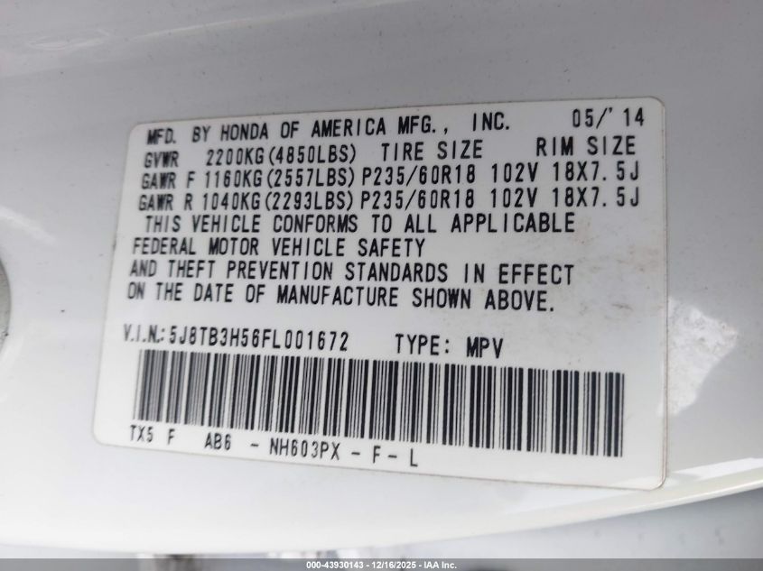 2015 Acura Rdx VIN: 5J8TB3H56FL001672 Lot: 43930143