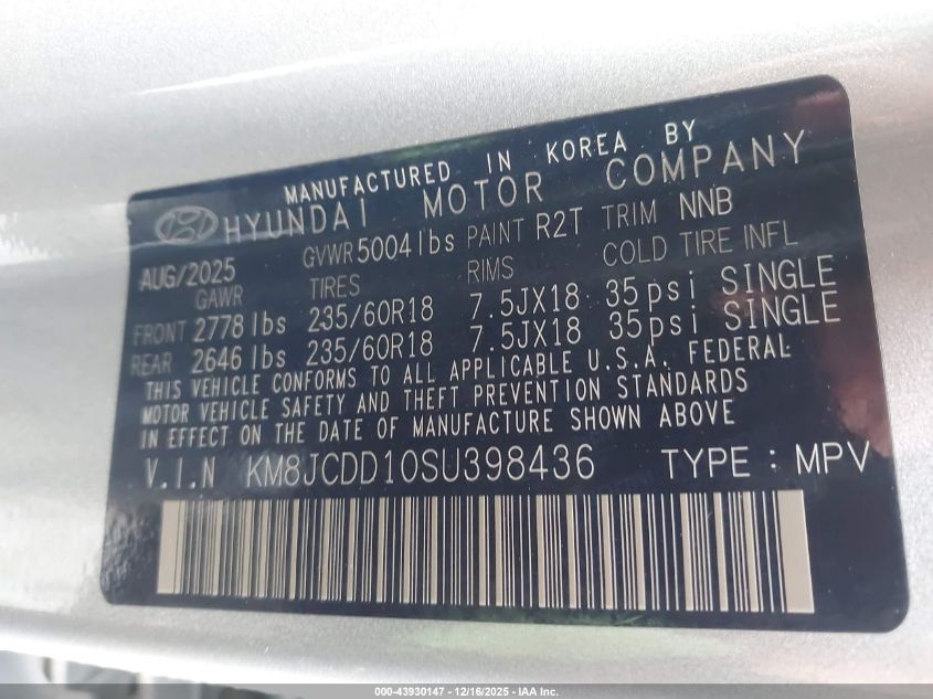 2025 Hyundai Tucson Hybrid Sel Convenience VIN: KM8JCDD10SU398436 Lot: 43930147