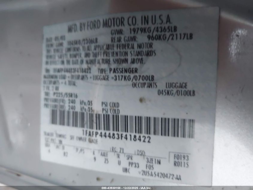 2003 Ford Mustang VIN: 1FAFP44483F418422 Lot: 43930158