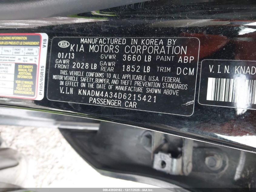 2013 Kia Rio Lx VIN: KNADM4A34D6215421 Lot: 43930162