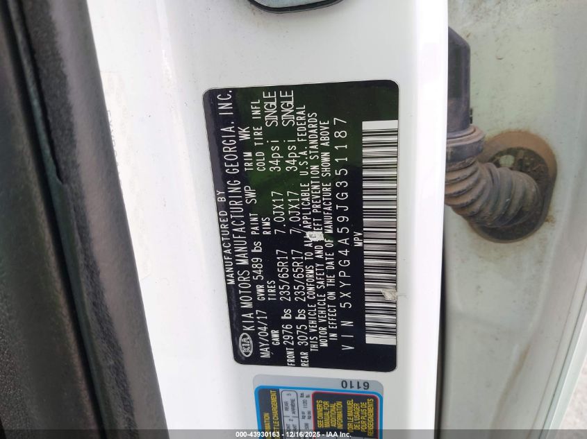 2018 Kia Sorento 3.3L Lx VIN: 5XYPG4A59JG351187 Lot: 43930163