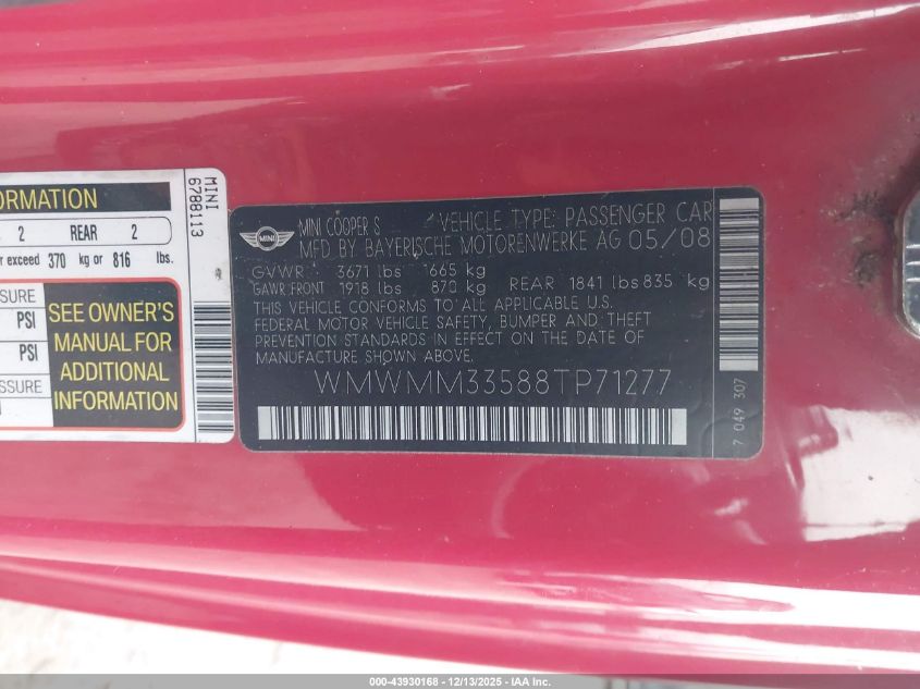 2008 Mini Cooper S Clubman VIN: WMWMM33588TP71277 Lot: 43930168