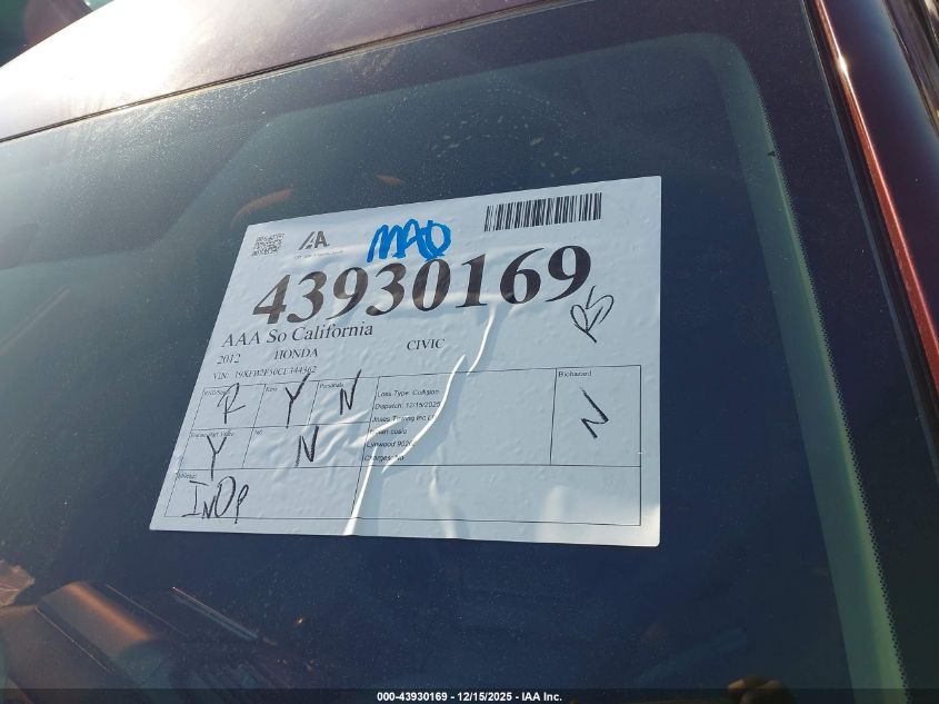 2012 Honda Civic Lx VIN: 19XFB2F50CE344362 Lot: 43930169