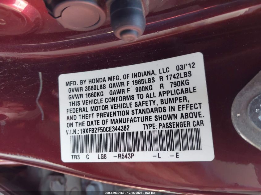 2012 Honda Civic Lx VIN: 19XFB2F50CE344362 Lot: 43930169