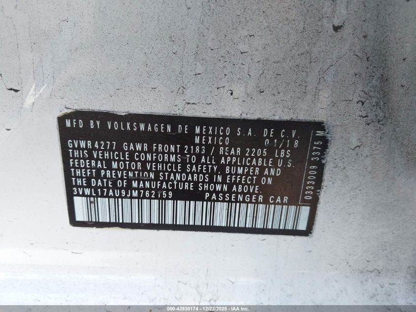 2018 Volkswagen Golf Sportwagen Tsi Sel VIN: 3VWL17AU9JM762159 Lot: 43930174