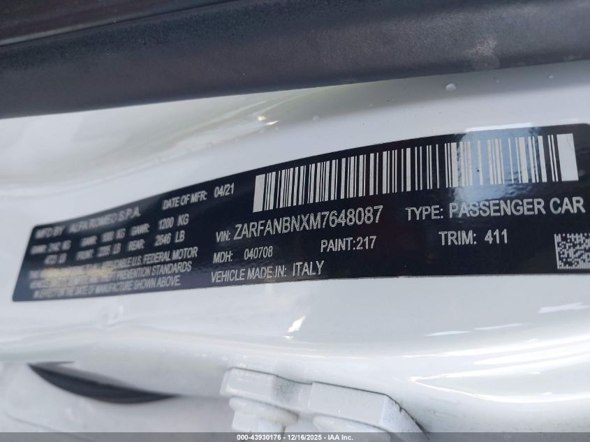 2021 Alfa Romeo Giulia Ti Awd VIN: ZARFANBNXM7648087 Lot: 43930176