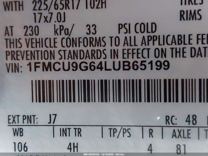 2020 Ford Escape Se VIN: 1FMCU9G64LUB65199 Lot: 43930182
