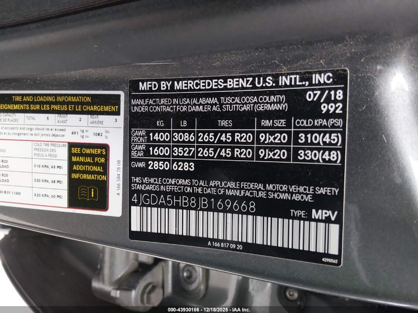2018 Mercedes-Benz Gle 350 4Matic VIN: 4JGDA5HB8JB169668 Lot: 43930186