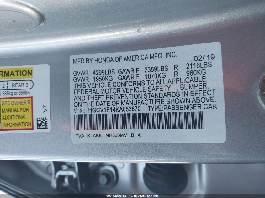 2019 Honda Accord Lx VIN: 1HGCV1F14KA053870 Lot: 43930189