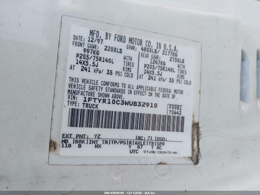 1998 Ford Ranger Splash/Xl/Xlt VIN: 1FTYR10C3WUB32910 Lot: 43930190