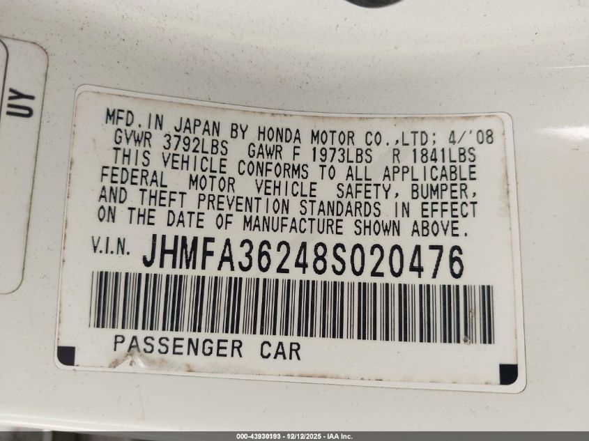 2008 Honda Civic Hybrid VIN: JHMFA36248S020476 Lot: 43930193