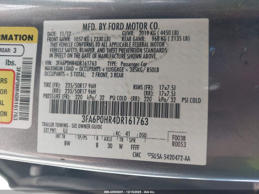 2013 Ford Fusion Se VIN: 3FA6P0HR4DR161763 Lot: 43930201