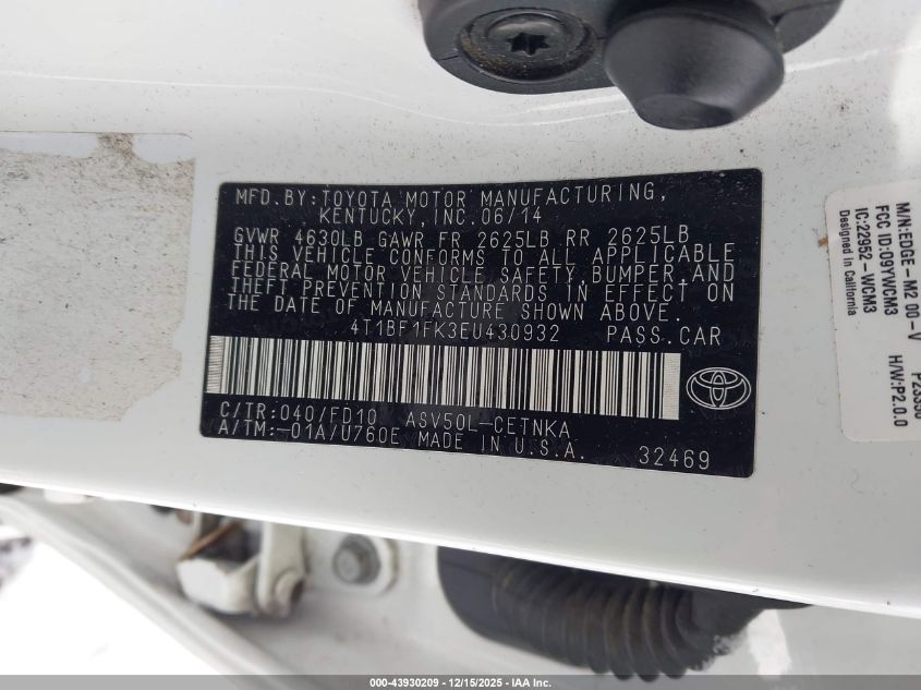 2014 Toyota Camry Le VIN: 4T1BF1FK3EU430932 Lot: 43930209