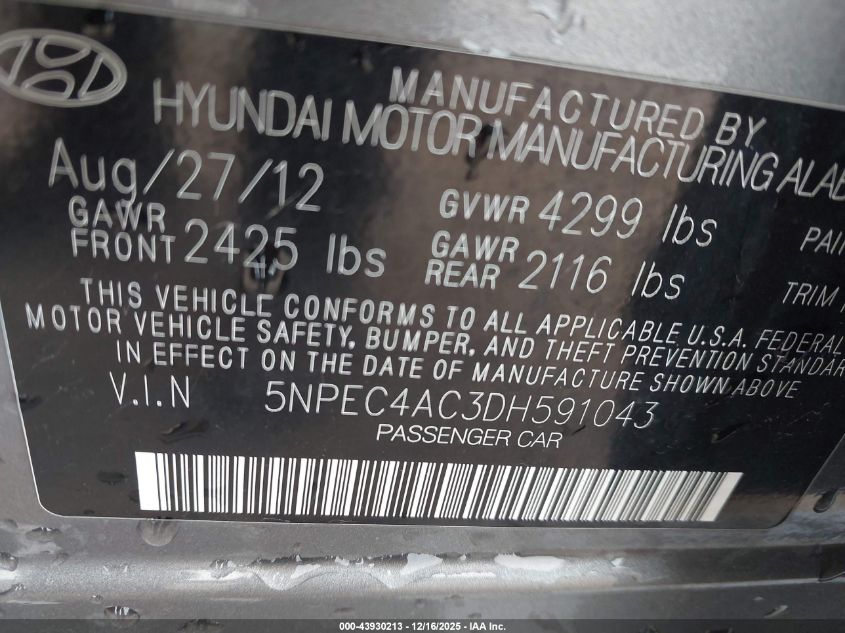 2013 Hyundai Sonata Limited VIN: 5NPEC4AC3DH591043 Lot: 43930213