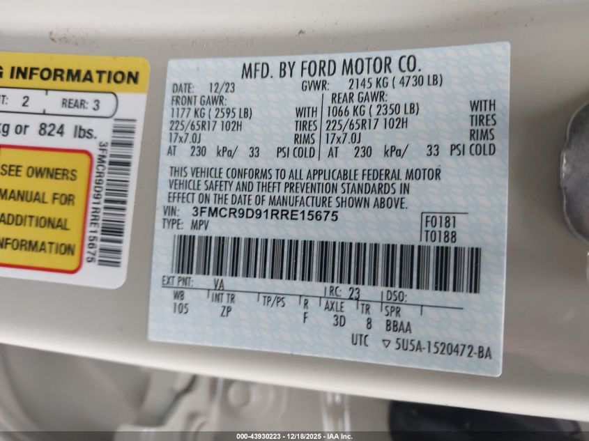 2024 Ford Bronco Sport Badlands VIN: 3FMCR9D91RRE15675 Lot: 43930223