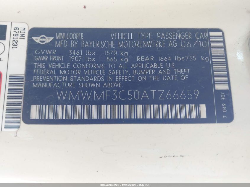 2010 Mini Cooper VIN: WMWMF3C50ATZ66659 Lot: 43930225