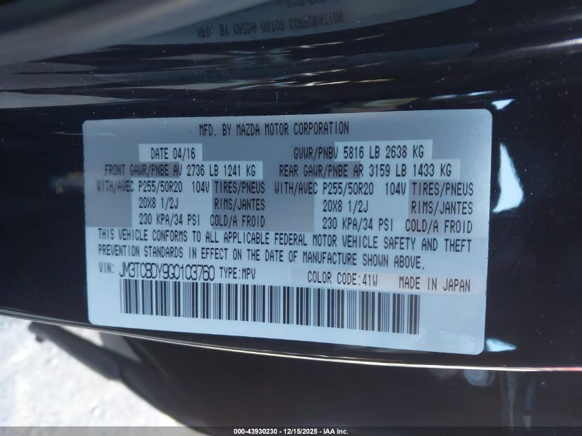 2016 Mazda Cx-9 Grand Touring VIN: JM3TCBDY9G0103760 Lot: 43930230