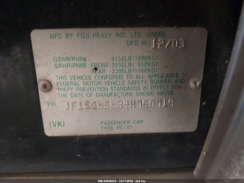 2004 Subaru Forester 2.5Xs VIN: JF1SG65634H750719 Lot: 43930233