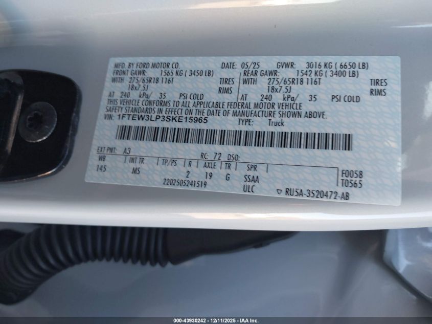 2025 Ford F-150 Xlt VIN: 1FTEW3LP3SKE15965 Lot: 43930242