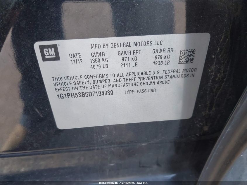 2013 Chevrolet Cruze Eco Auto VIN: 1G1PH5SB6D7194039 Lot: 43930246