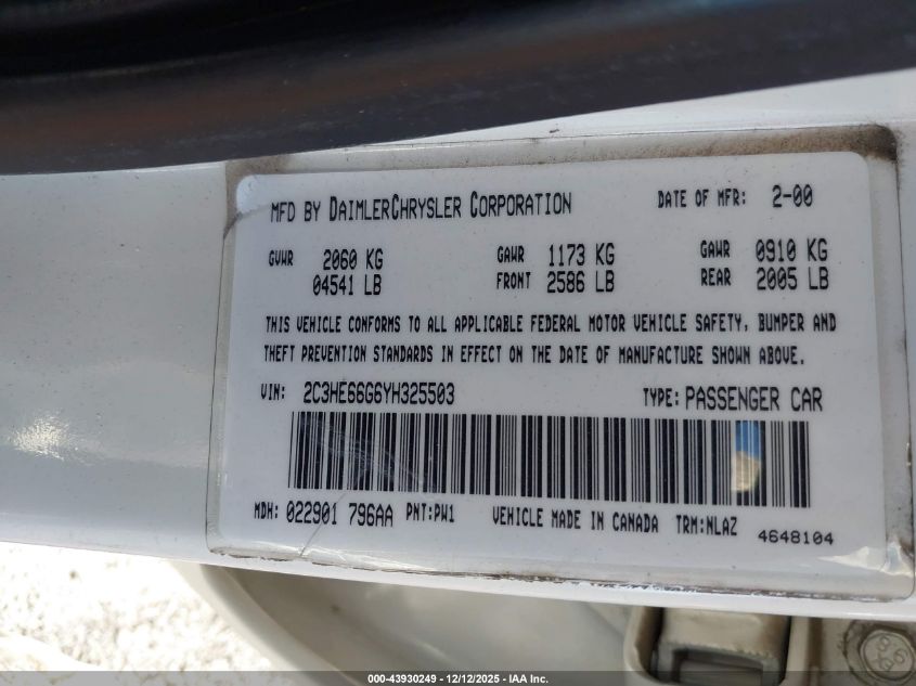 2000 Chrysler 300M VIN: 2C3HE66G6YH325503 Lot: 43930249