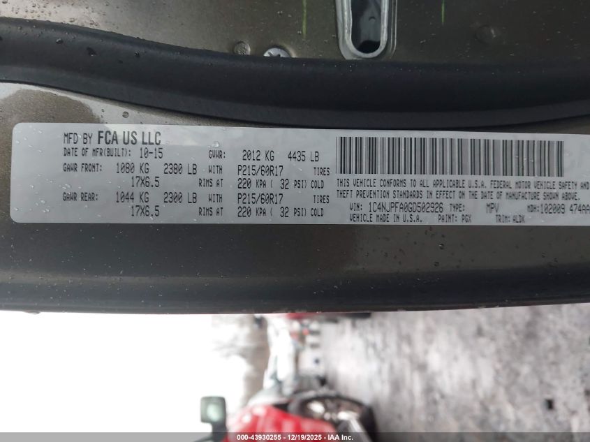 2016 Jeep Patriot High Altitude Edition VIN: 1C4NJPFA0GD502926 Lot: 43930255