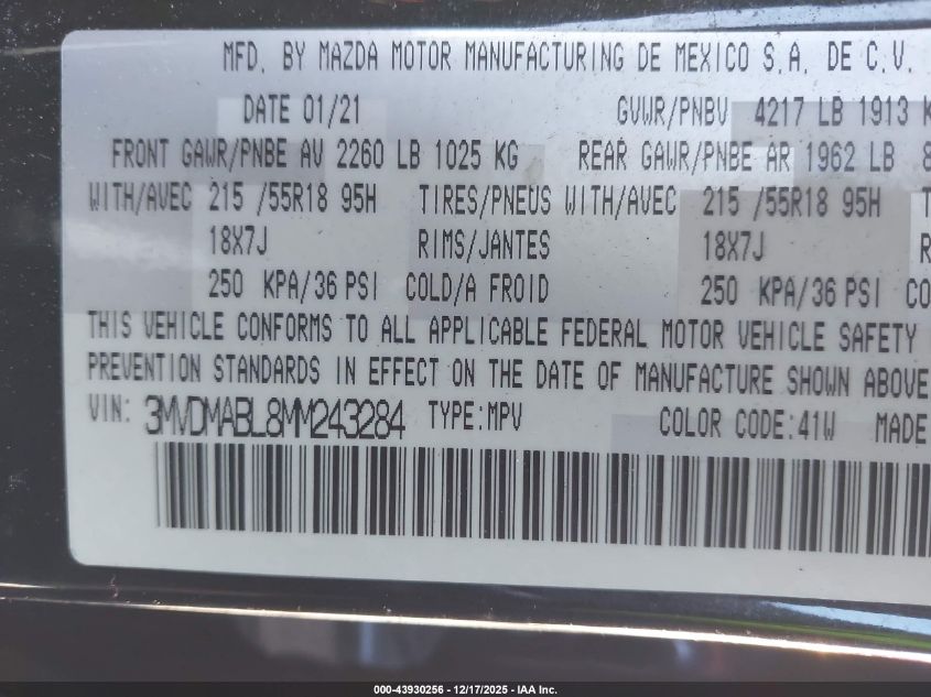 2021 Mazda Cx-30 Select VIN: 3MVDMABL8MM243284 Lot: 43930256