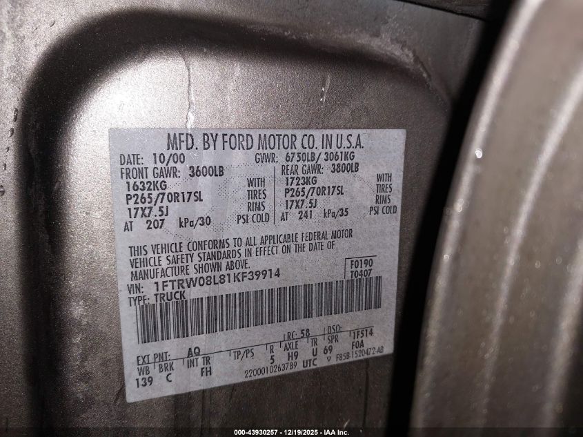 2001 Ford F-150 King Ranch Edition/Lariat/Xlt VIN: 1FTRW08L81KF39914 Lot: 43930257
