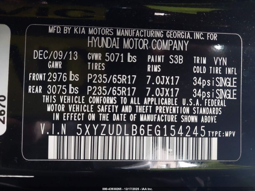 2014 Hyundai Santa Fe Sport 2.4L VIN: 5XYZUDLB6EG154245 Lot: 43930265