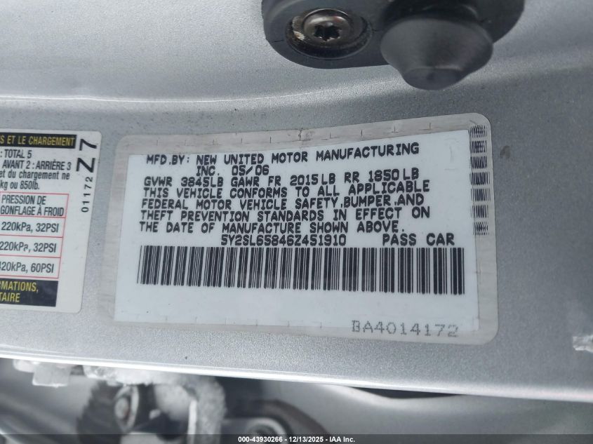 2006 Pontiac Vibe VIN: 5Y2SL65846Z451910 Lot: 43930266