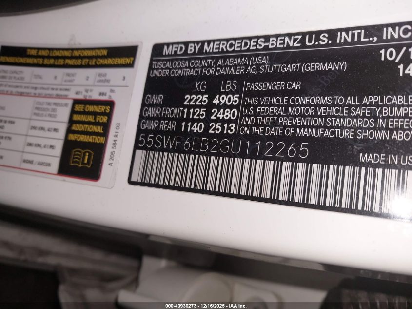 2016 Mercedes-Benz C 450 Amg 4Matic VIN: 55SWF6EB2GU112265 Lot: 43930273