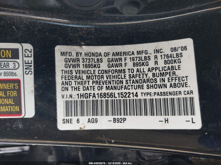 2006 Honda Civic Ex VIN: 1HGFA16856L152214 Lot: 43930275
