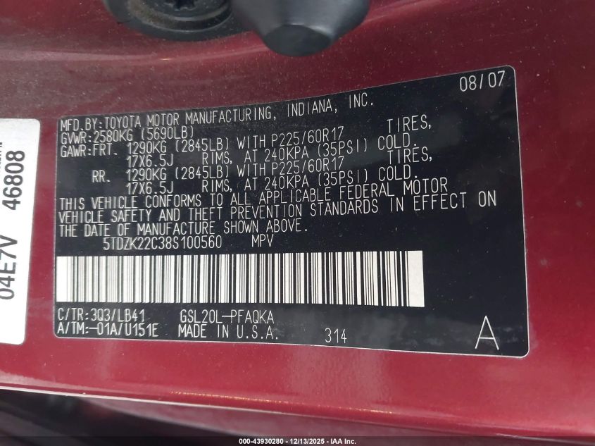 2008 Toyota Sienna Limited VIN: 5TDZK22C38S100560 Lot: 43930280