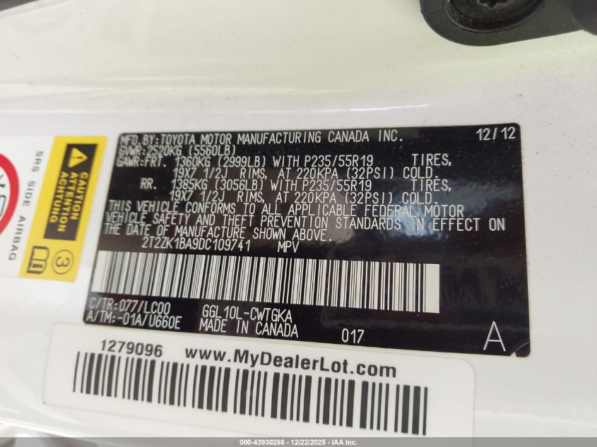 2013 Lexus Rx 350 VIN: 2T2ZK1BA9DC109741 Lot: 43930286