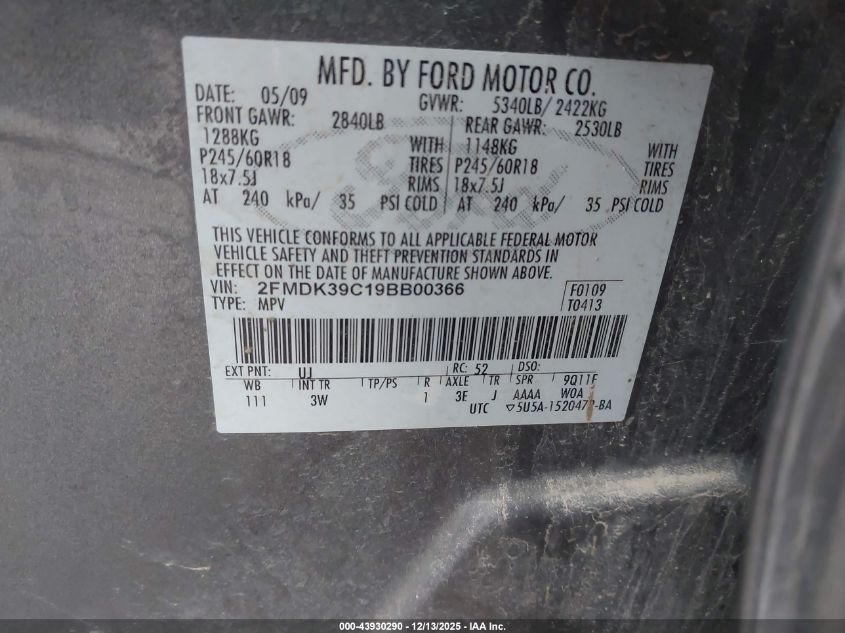 2009 Ford Edge Limited VIN: 2FMDK39C19BB00366 Lot: 43930290