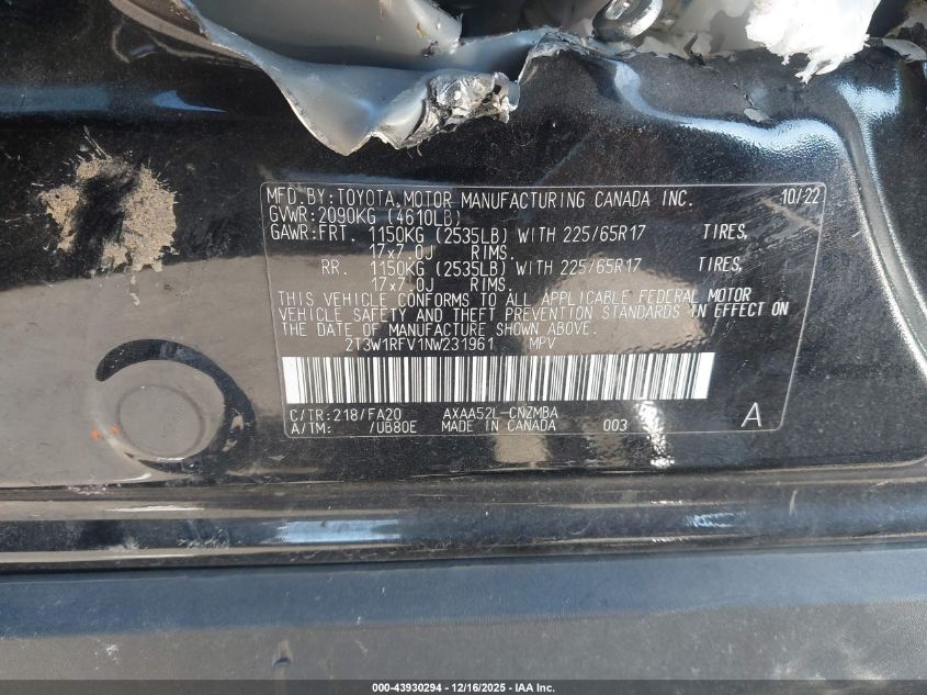 2022 Toyota Rav4 Xle VIN: 2T3W1RFV1NW231961 Lot: 43930294
