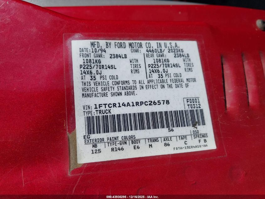 1994 Ford Ranger Super Cab VIN: 1FTCR14A1RPC26578 Lot: 43930295