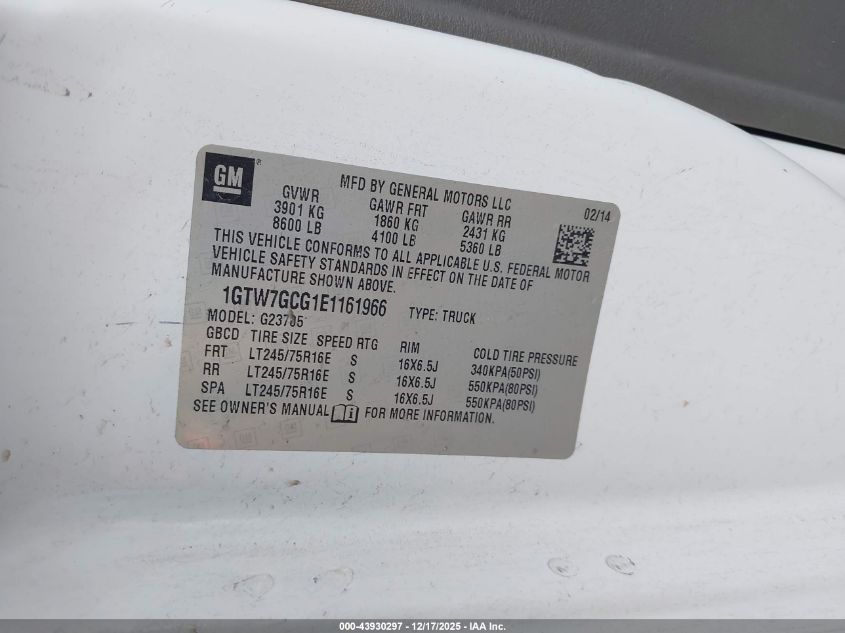 2014 GMC Savana 2500 Work Van VIN: 1GTW7GCG1E1161966 Lot: 43930297