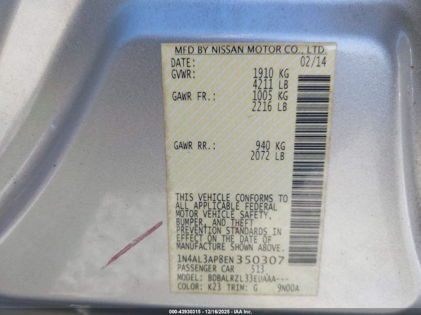 2014 Nissan Altima 2.5/2.5 S/2.5 Sl/2.5 Sv VIN: 1N4AL3AP8EN350307 Lot: 43930315
