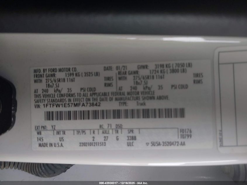 2021 Ford F-150 Xlt VIN: 1FTFW1E57MFA73842 Lot: 43930317