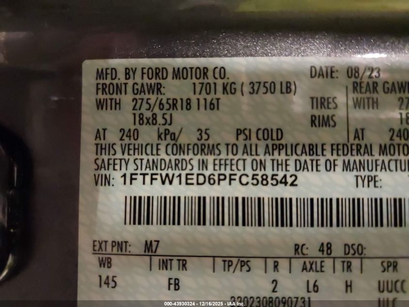 2023 Ford F-150 Xlt VIN: 1FTFW1ED6PFC58542 Lot: 43930324